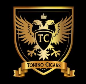 A gold crest with the words tonino cigars underneath it.