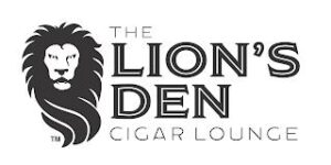 A black and white logo of the lion den cigar lounge.