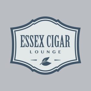 A blue and white logo for essex cigar lounge.