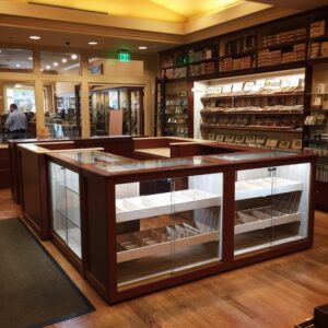 A large room with many shelves of cigars.