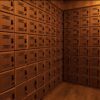 A room filled with lots of wooden boxes.