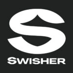 A black and white logo of swisher.