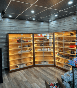 A room with shelves of different types of food.