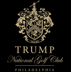 A black and gold logo for the trump national golf club.