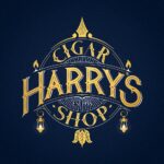 A blue and gold logo for harry 's cigar shop.