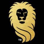 A gold lion logo on a black background.