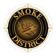 A round logo with the words smoke district in gold.